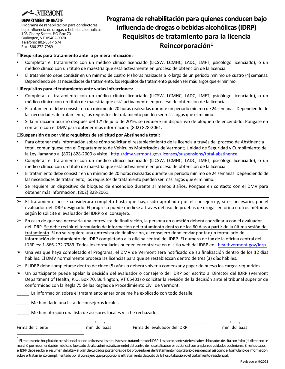 Treatment Requirements for License Reinstatement - Impaired Driver Rehabilitation Program (Idrp) - Vermont (English / Spanish), Page 1
