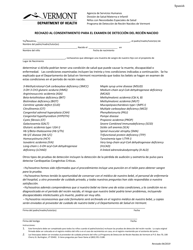 Document preview: Rechazo Al Consentimiento Para El Examen De Deteccion Del Recien Nacido - Vermont (Spanish)