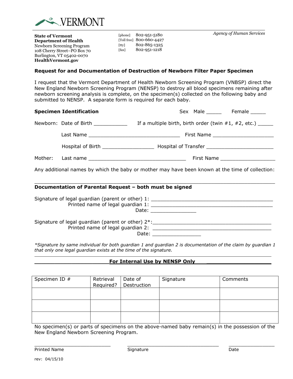 Request for and Documentation of Destruction of Newborn Filter Paper Specimen - Vermont, Page 1