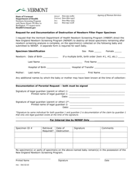 Document preview: Request for and Documentation of Destruction of Newborn Filter Paper Specimen - Vermont