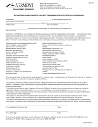 Document preview: Rechazo Del Consentimiento Para Repetir El Examen De Deteccion Del Recien Nacido - Vermont (Spanish)