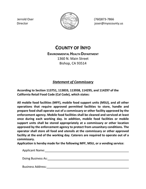 Statement of Commissary - Inyo County, California Download Pdf