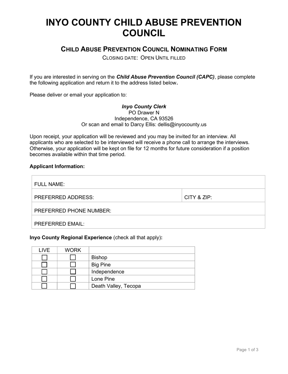 Child Abuse Prevention Council Nominating Form - Inyo County, California, Page 1
