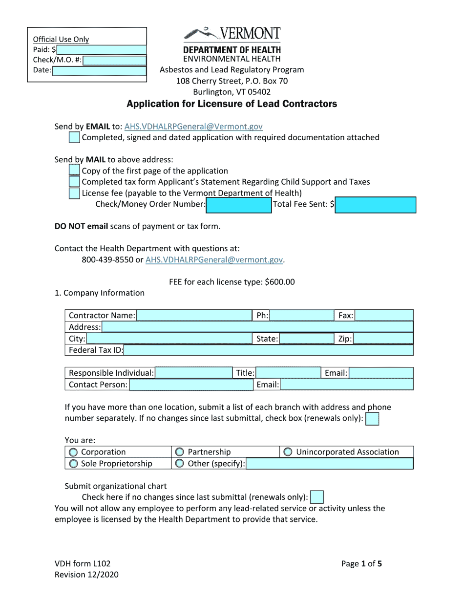 VDH Form L102 Application for Licensure of Lead Contractors - Vermont, Page 1