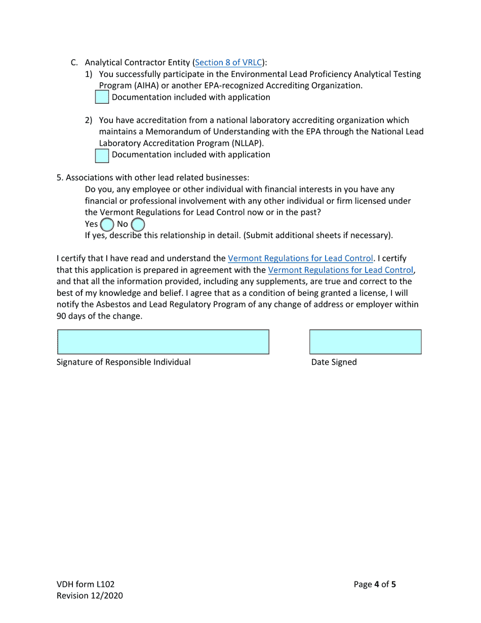 VDH Form L102 Application for Licensure of Lead Contractors - Vermont, Page 4