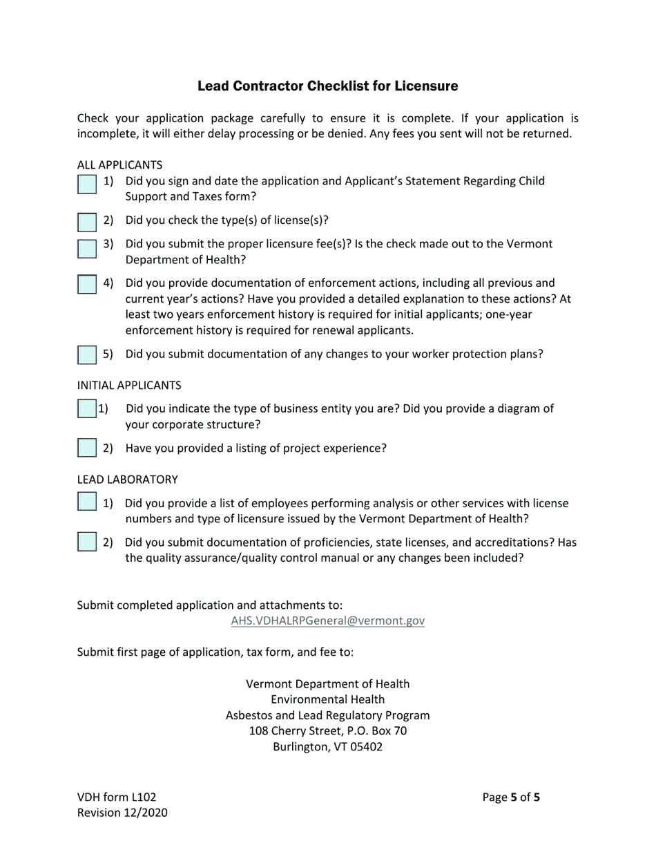 VDH Form L102 Application for Licensure of Lead Contractors - Vermont, Page 5