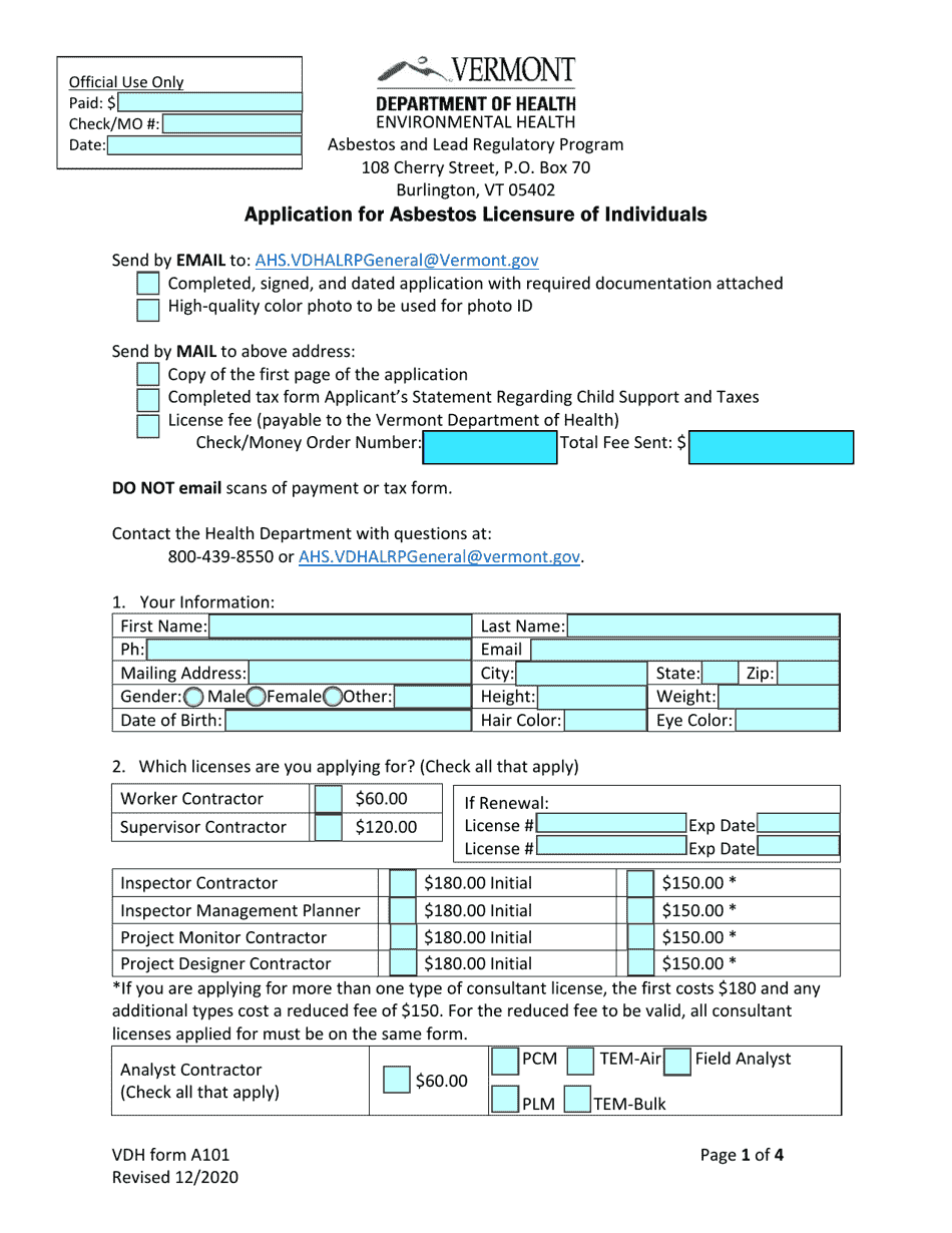 VDH Form A101 Application for Asbestos Licensure of Individuals - Vermont, Page 1