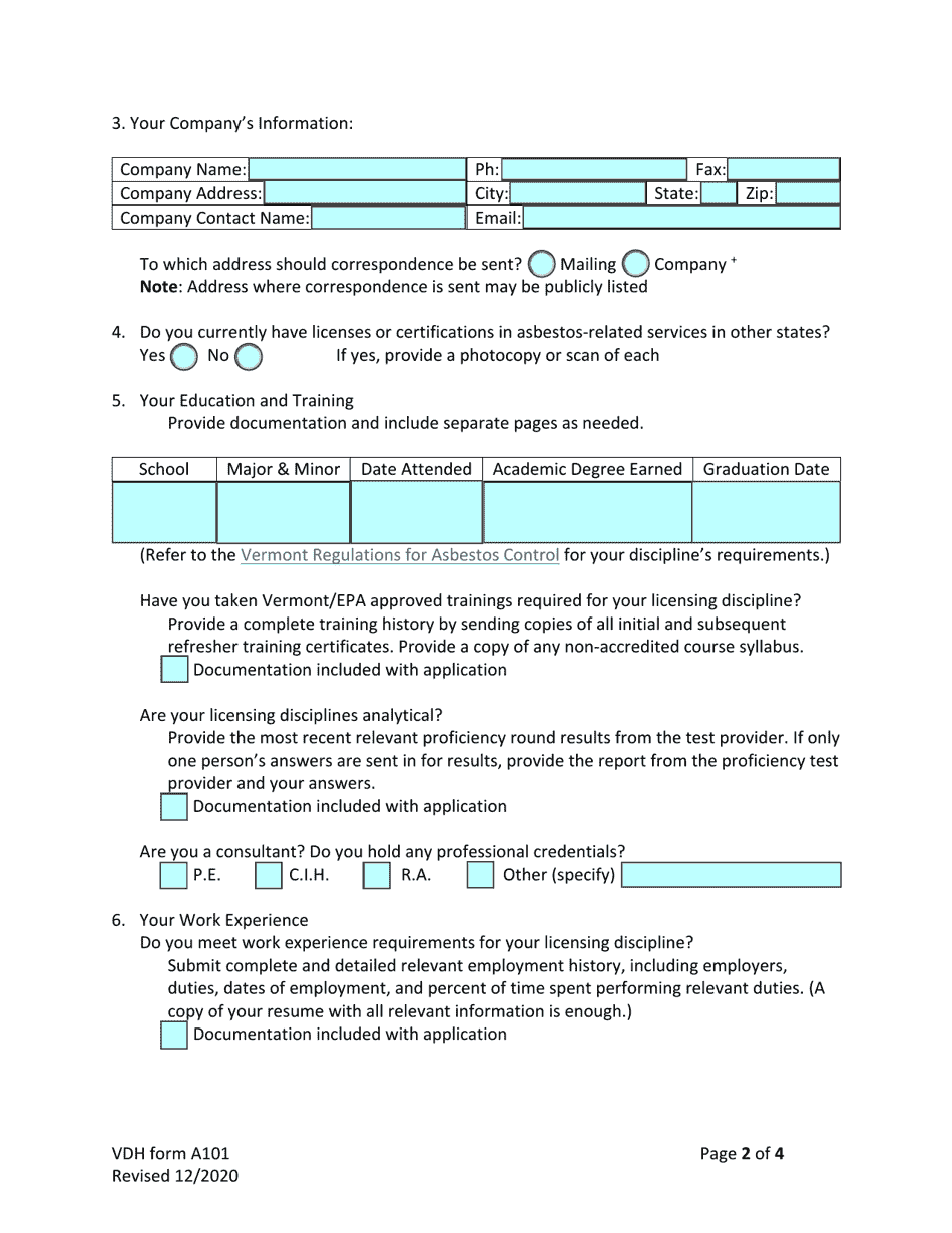 VDH Form A101 Application for Asbestos Licensure of Individuals - Vermont, Page 2