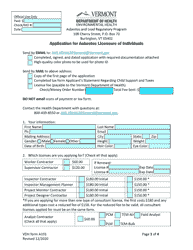 Document preview: VDH Form A101 Application for Asbestos Licensure of Individuals - Vermont