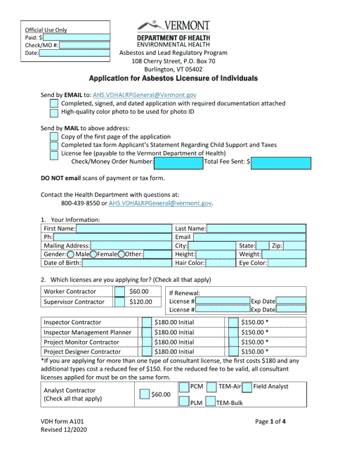 VDH Form A101  Printable Pdf