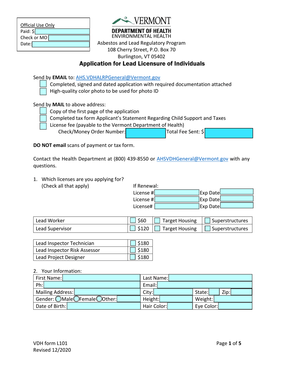 VDH Form L101 Application for Lead Licensure of Individuals - Vermont, Page 1