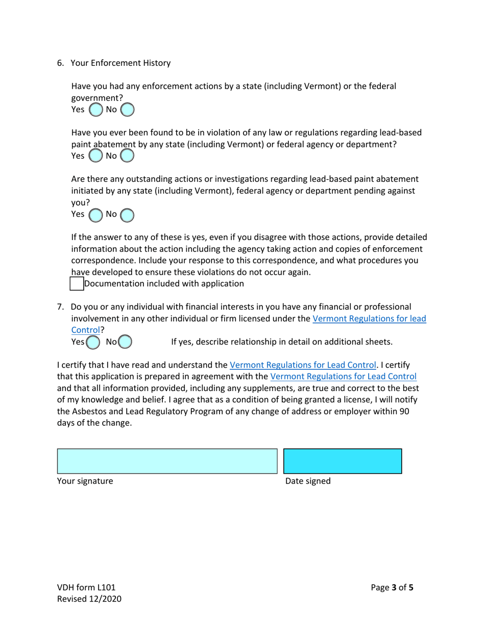 VDH Form L101 Application for Lead Licensure of Individuals - Vermont, Page 3