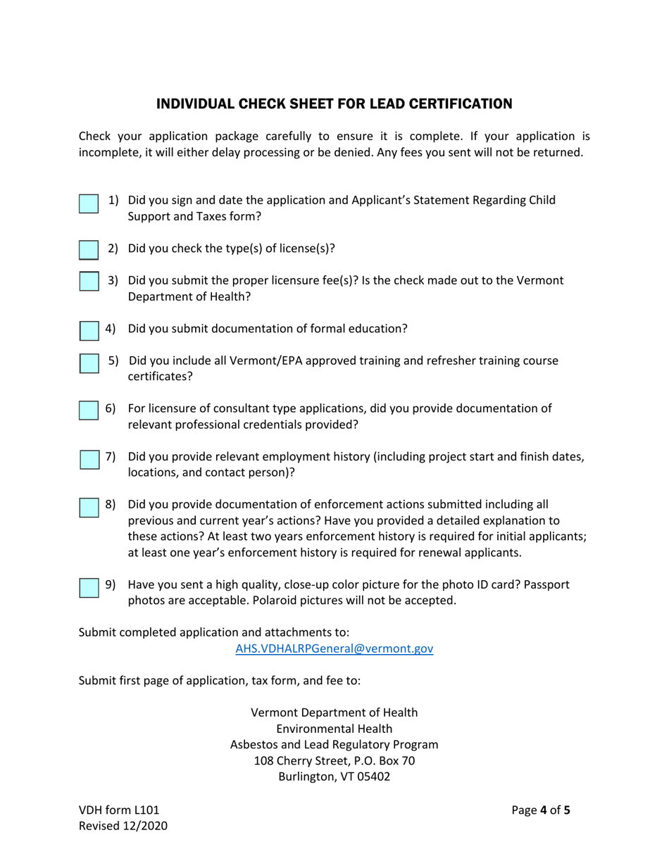 VDH Form L101 Application for Lead Licensure of Individuals - Vermont, Page 4