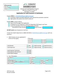 Document preview: VDH Form L101 Application for Lead Licensure of Individuals - Vermont