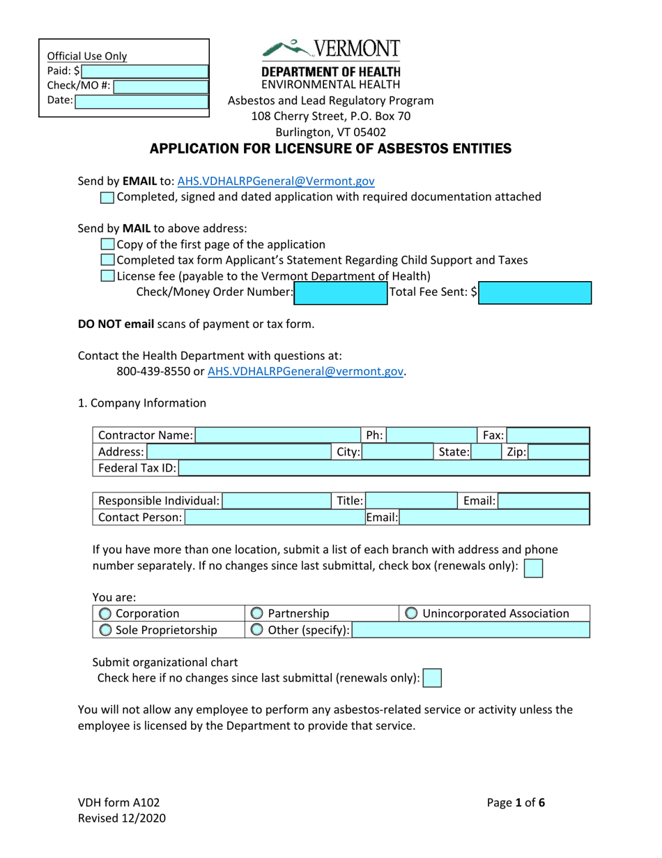 VDH Form A102 Application for Licensure of Asbestos Entities - Vermont, Page 1