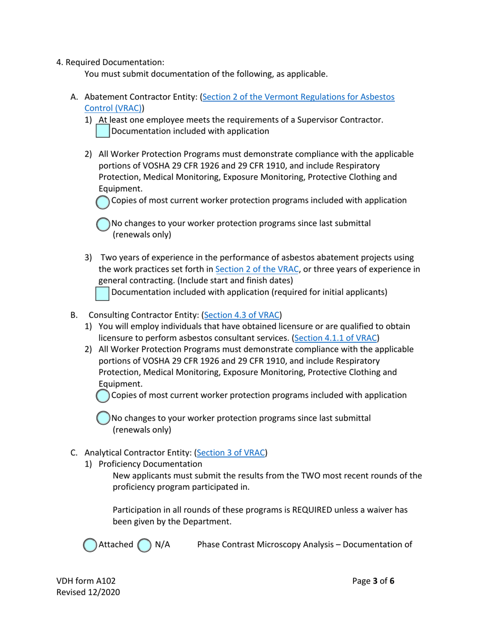 VDH Form A102 Application for Licensure of Asbestos Entities - Vermont, Page 3