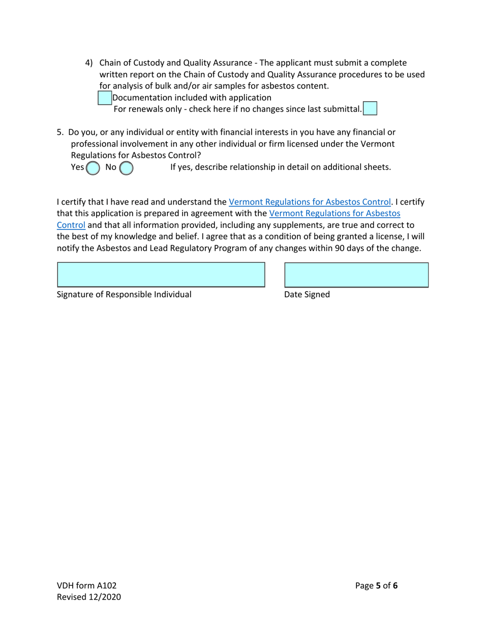 VDH Form A102 Application for Licensure of Asbestos Entities - Vermont, Page 5