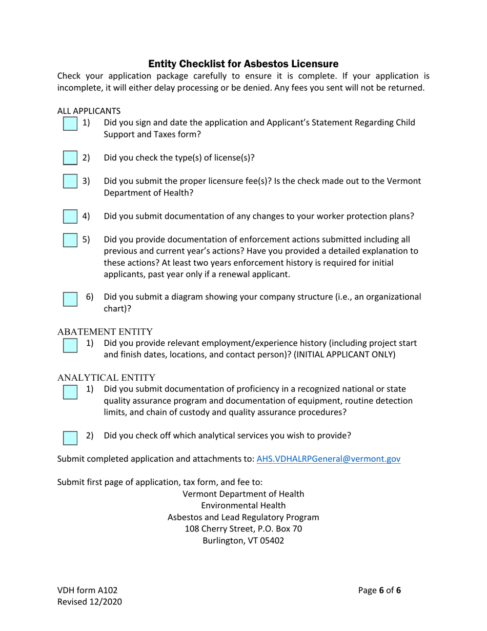 VDH Form A102 Application for Licensure of Asbestos Entities - Vermont, Page 6
