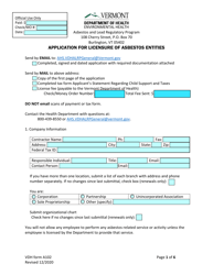 Document preview: VDH Form A102 Application for Licensure of Asbestos Entities - Vermont