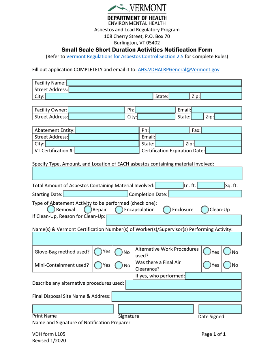 VDH Form L105 Small Scale Short Duration Activities Notification Form - Vermont, Page 1