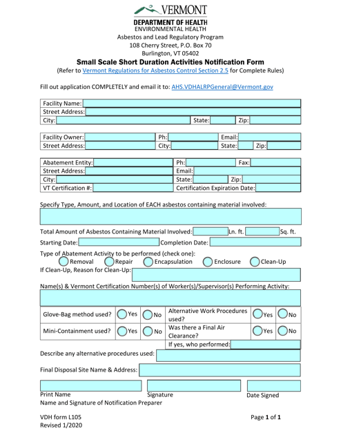 VDH Form L105 Small Scale Short Duration Activities Notification Form - Vermont