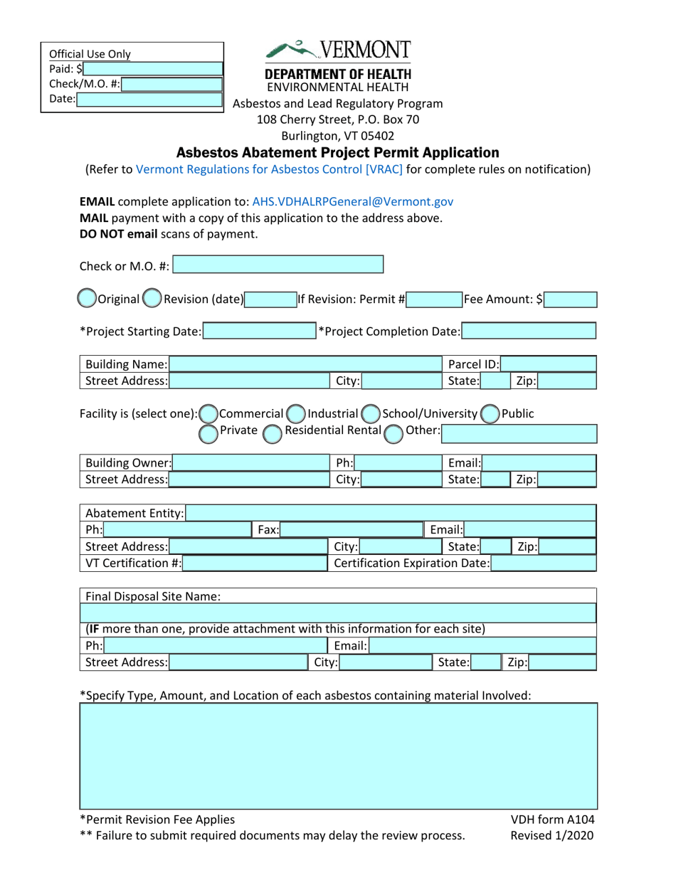 VDH Form A104 Asbestos Abatement Project Permit Application - Vermont, Page 1