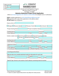 Document preview: VDH Form A104 Asbestos Abatement Project Permit Application - Vermont