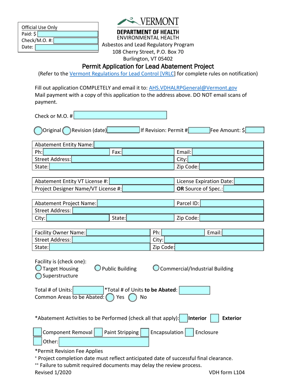 VDH Form L104 Permit Application for Lead Abatement Project - Vermont, Page 1