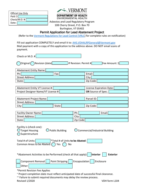 VDH Form L104 Permit Application for Lead Abatement Project - Vermont