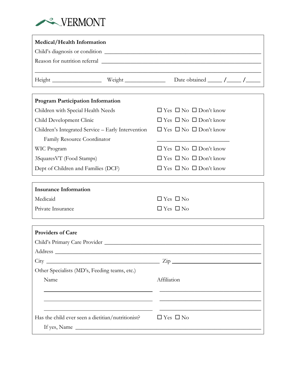 Vermont Referral for Children With Special Health Needs - Nutrition ...