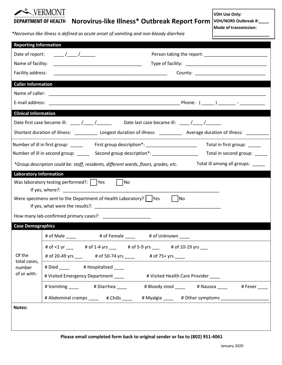 Norovirus-like Illness Outbreak Report Form - Vermont, Page 1