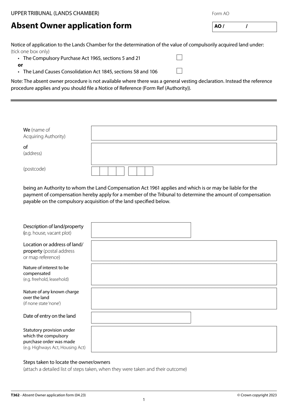 Form T362 Absent Owner Application Form - United Kingdom, Page 1