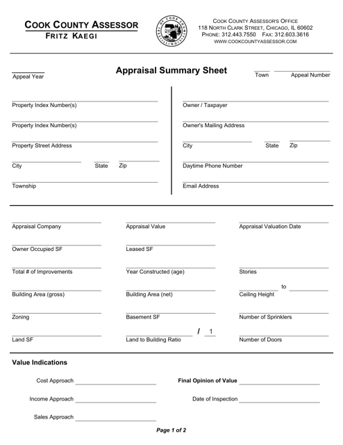 Appraisal Summary Sheet - Cook County, Illinois Download Pdf