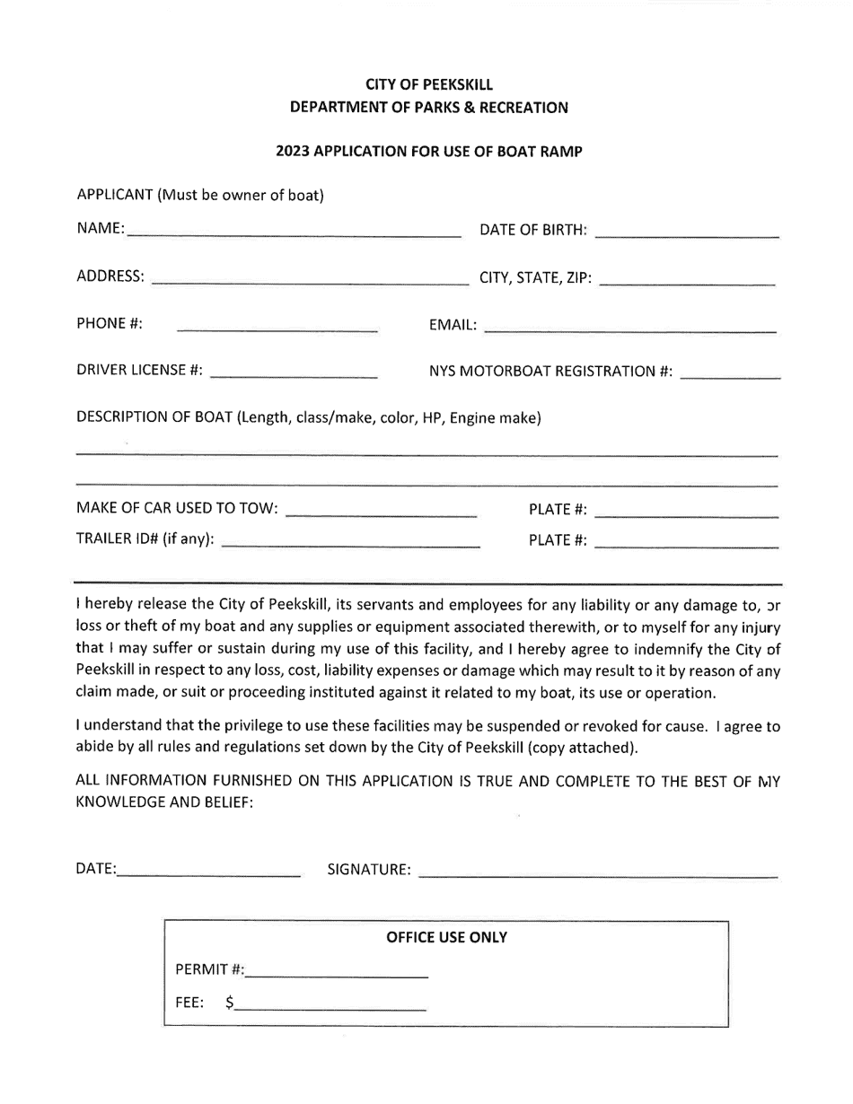 Application for Use of Boat Ramp - City of Peekskill, New York, Page 1