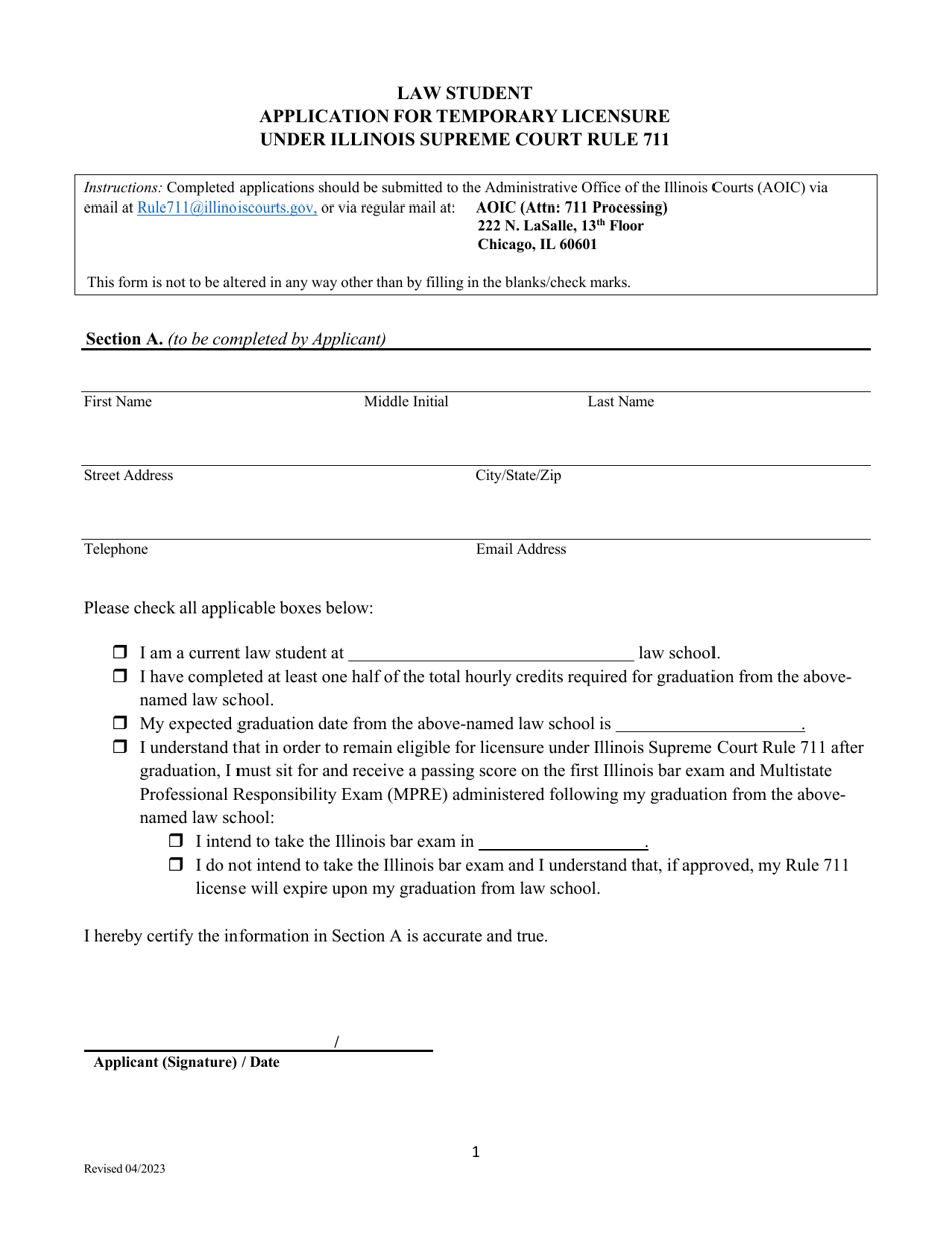 Law Student Application for Temporary Licensure Under Illinois Supreme Court Rule 711 - Illinois, Page 1
