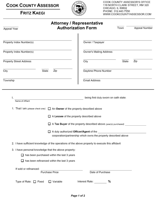Attorney / Representative Authorization Form - Cook County, Illinois Download Pdf