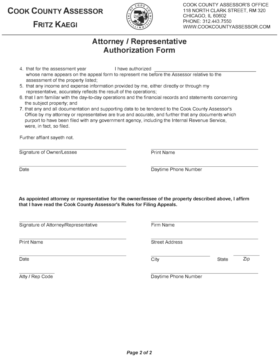 Attorney / Representative Authorization Form - Cook County, Illinois, Page 2