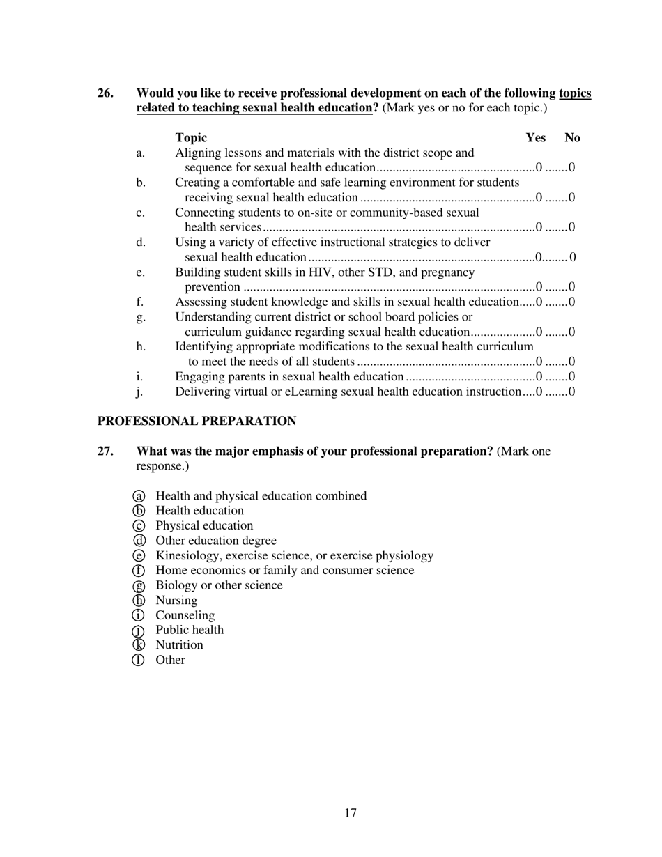 School Health Profiles Lead Health Education Teacher Questionnaire - Vermont, Page 17