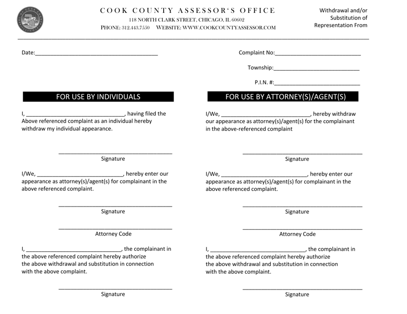 Withdrawal and / or Substitution of Representation From - Cook County, Illinois Download Pdf