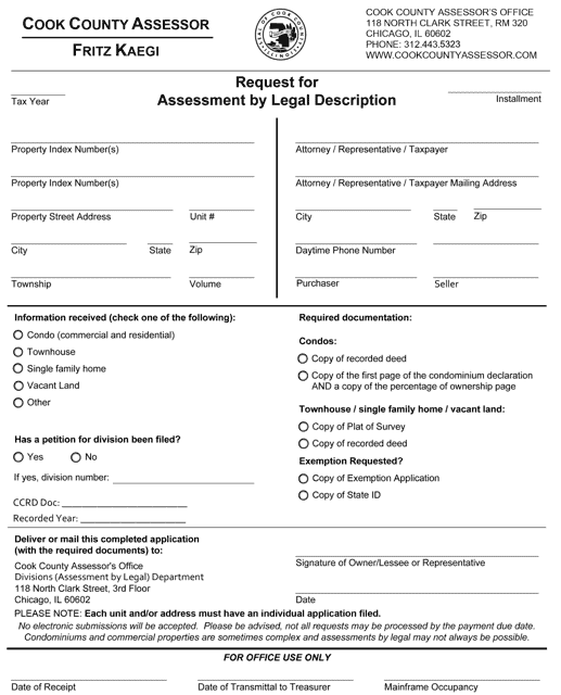 Request for Assessment by Legal Description - Cook County, Illinois Download Pdf