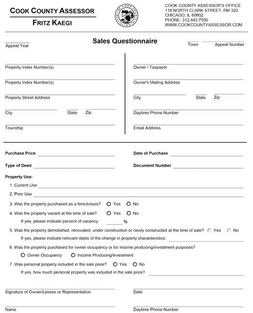 Sales Questionnaire - Cook County, Illinois Download Pdf