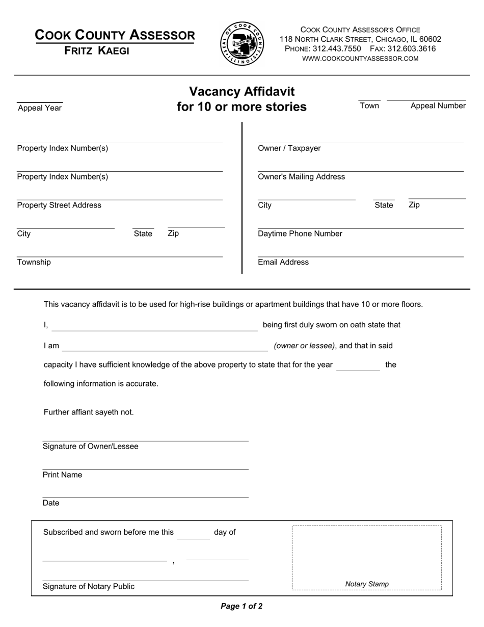 Vacancy Affidavit for 10 or More Stories - Cook County, Illinois, Page 1