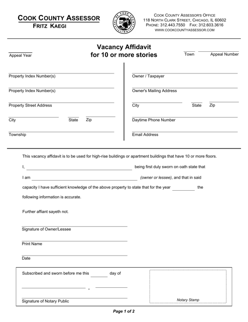 Vacancy Affidavit for 10 or More Stories - Cook County, Illinois Download Pdf