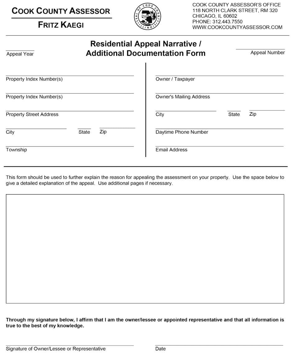 Residential Appeal Narrative / Additional Documentation Form - Cook County, Illinois, Page 1