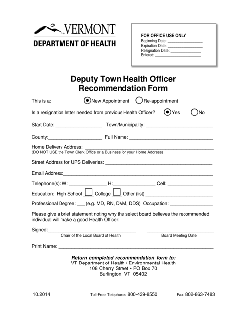Deputy Town Health Officer Recommendation Form - Vermont Download Pdf