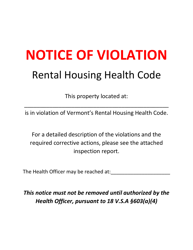 Document preview: Notice of Violation - Rental Housing Health Code - Vermont