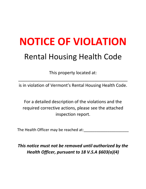 Notice of Violation - Rental Housing Health Code - Vermont Download Pdf