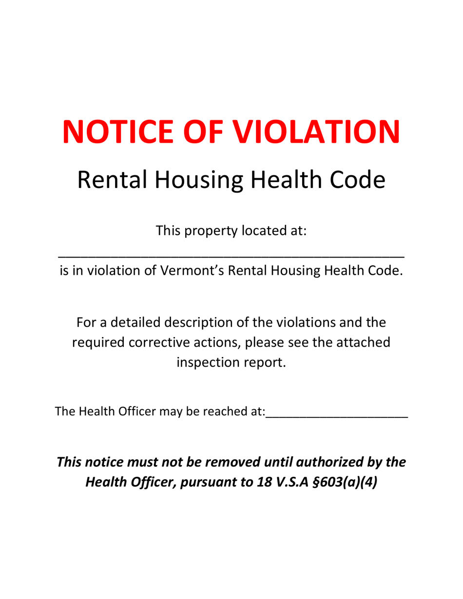 Vermont Notice of Violation Rental Housing Health Code Fill Out