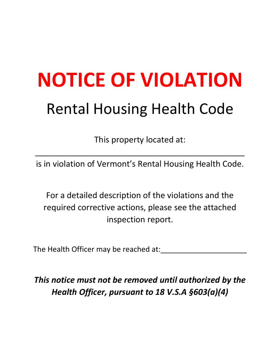 Notice of Violation - Rental Housing Health Code - Vermont, Page 1