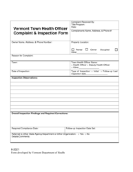 Document preview: Vermont Town Health Officer Complaint & Inspection Form - Vermont
